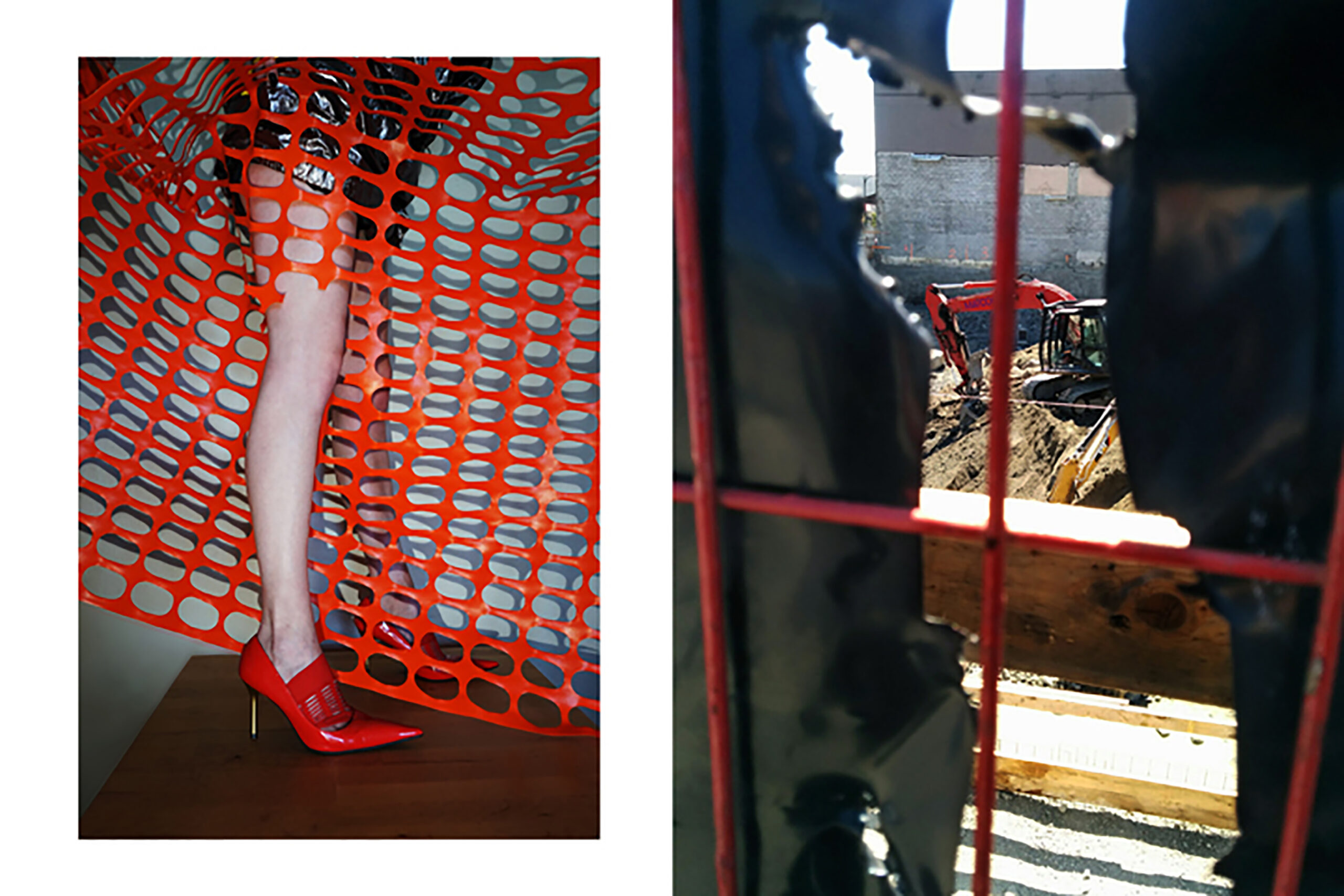 comparing construction and fashion; Orange netting with a red stiletto and fish net sock to a orange fence near a construction space