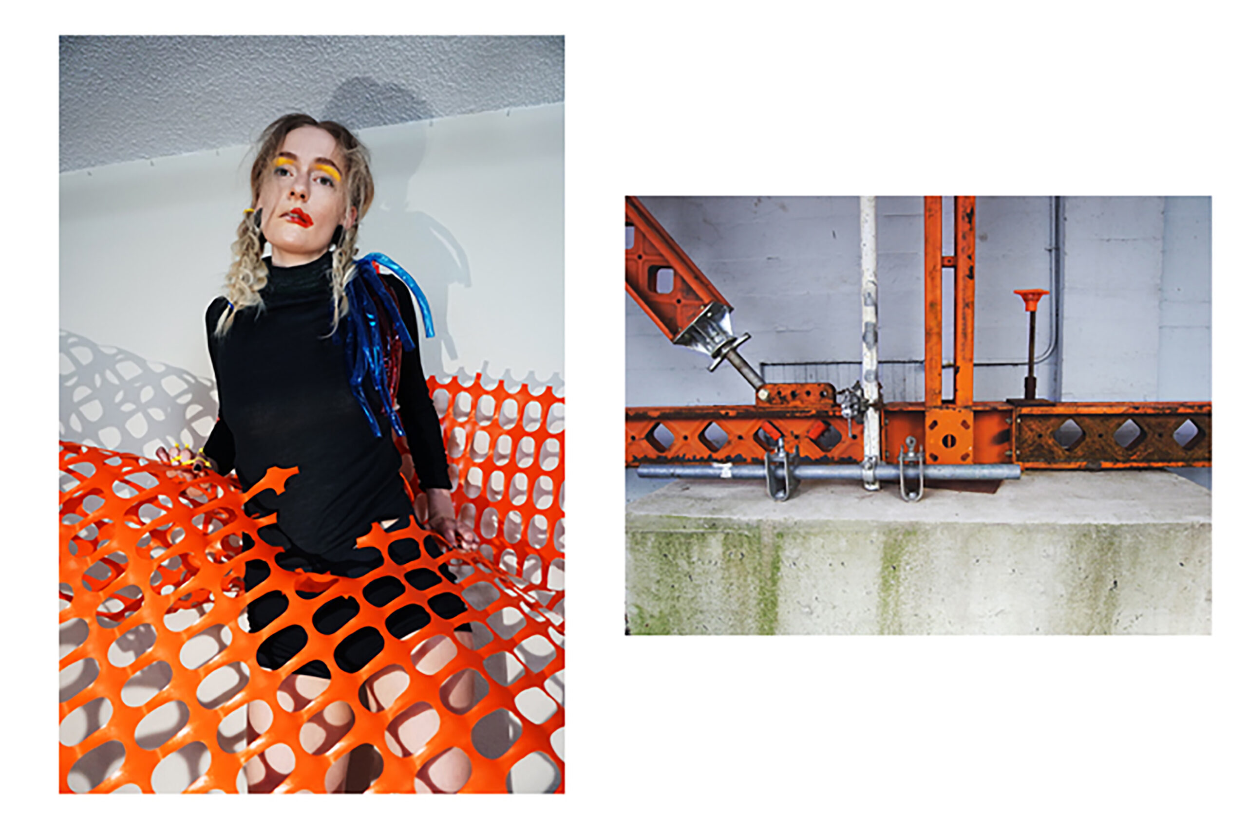 2 images side by side, girl with construction coloured make up wears an orange net in a skirt, next to an image of orange metal structural beams