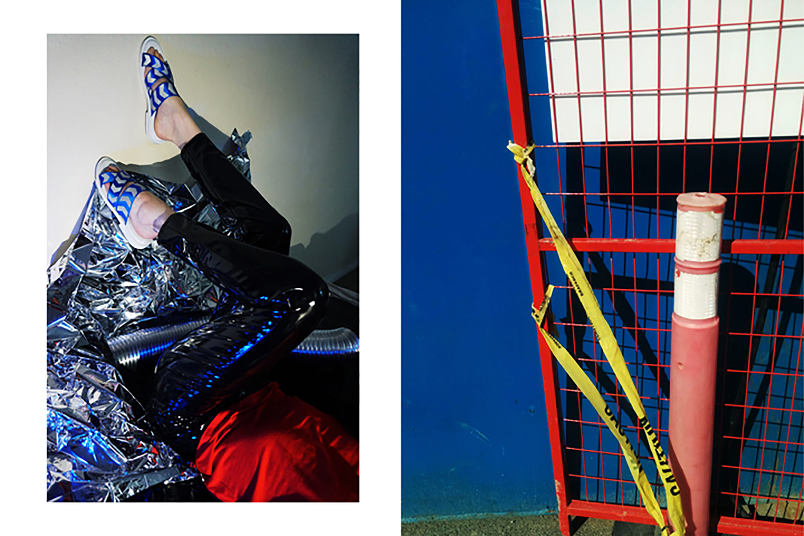 2 images side by side, model shows construction primary blue sandals next to construction fence and metal piping