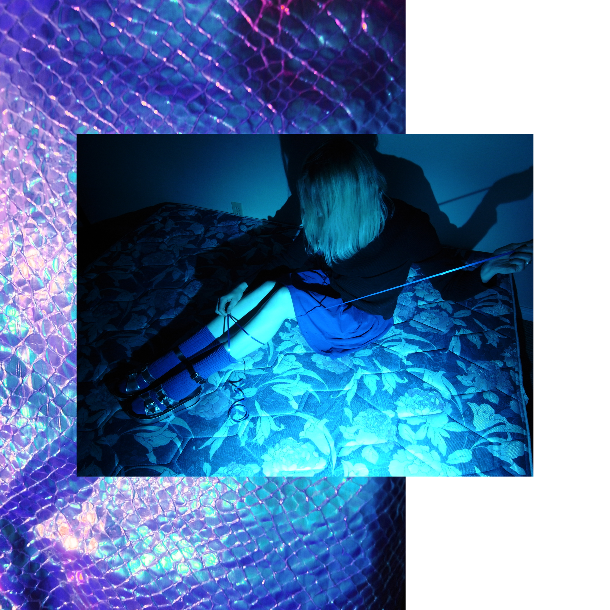Layered image with a portrait of a girl in blue light on exposed mattress, layered on purple plastic