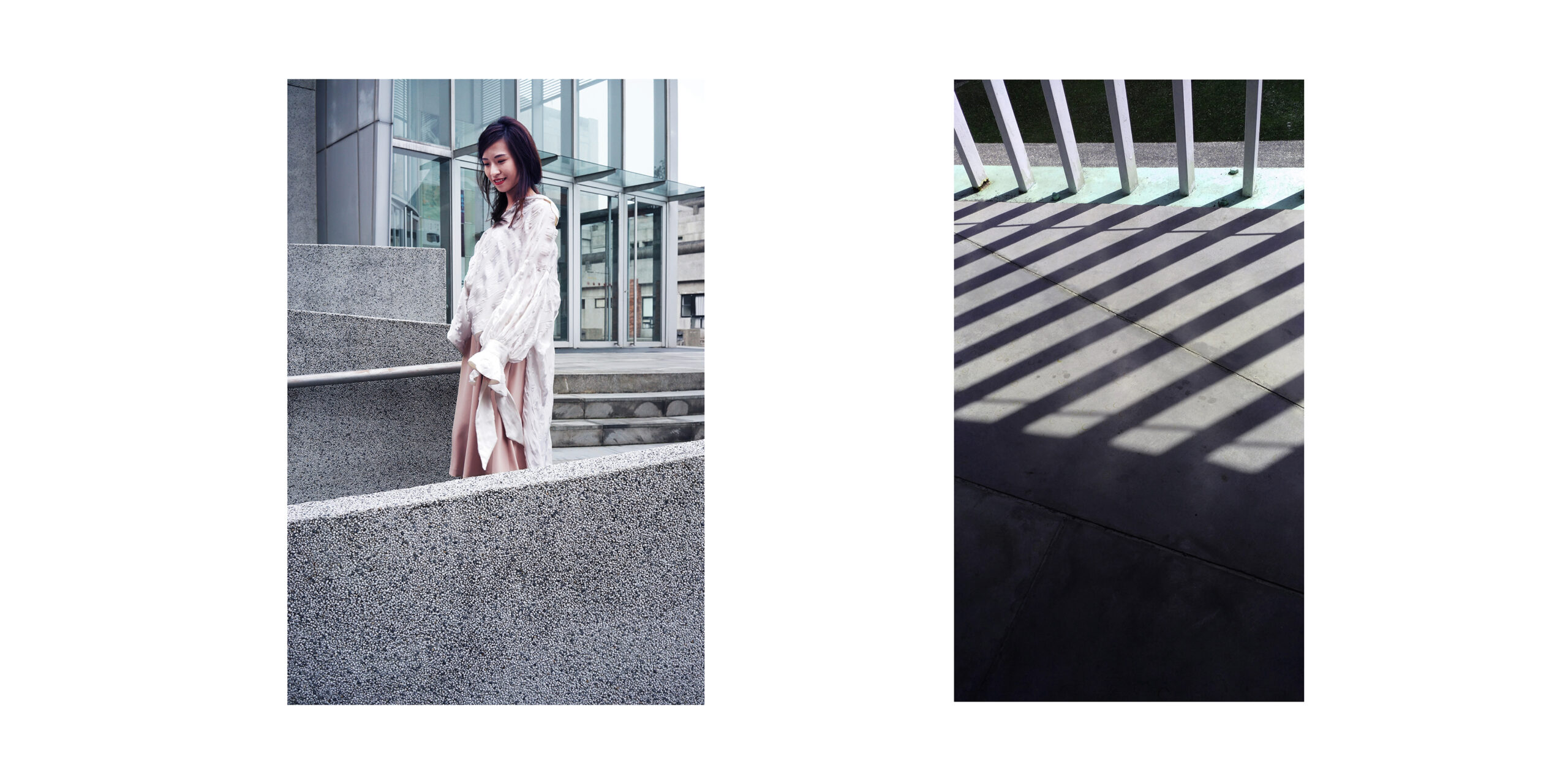 1 image of a girl in white standing near cement architecture, next to another image of sunlight casting shadows on a patio