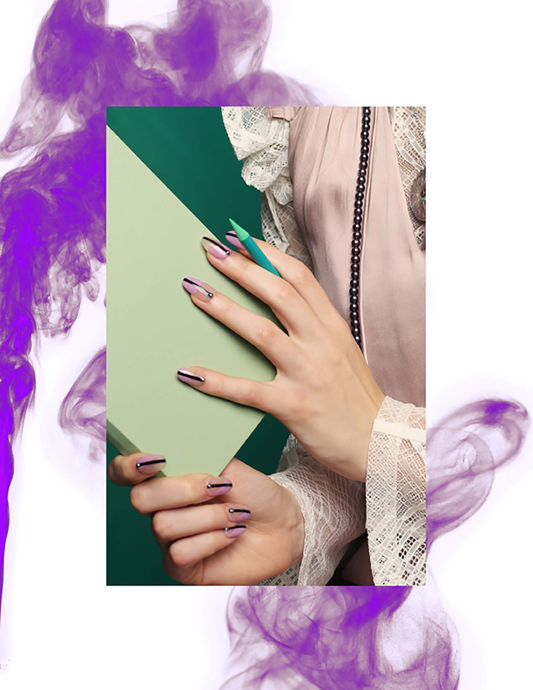 Close up of green and black manicured nails on a hand that holds a olive green book and pencil, image is layered ontop of purple smoke image